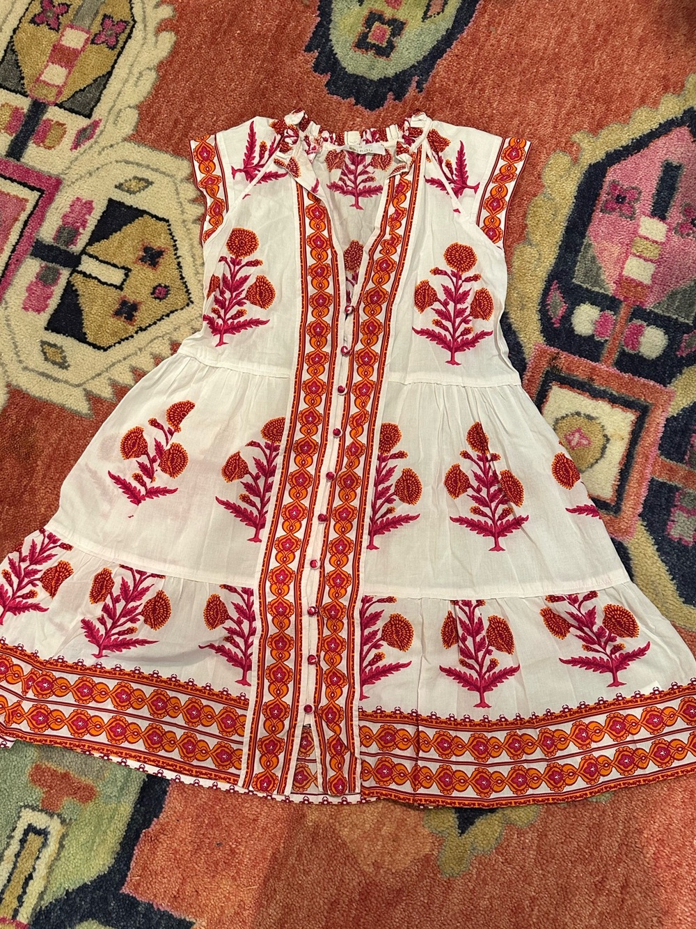 White Embroidered Floral Tiered Dress with Pink & Orange Accents